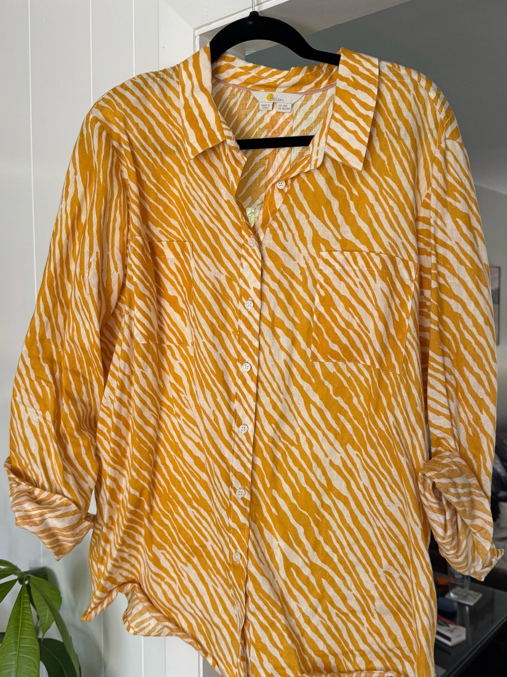 Boden Women’s Linen Yellow and White Zebra-Print Button-Down Shirt